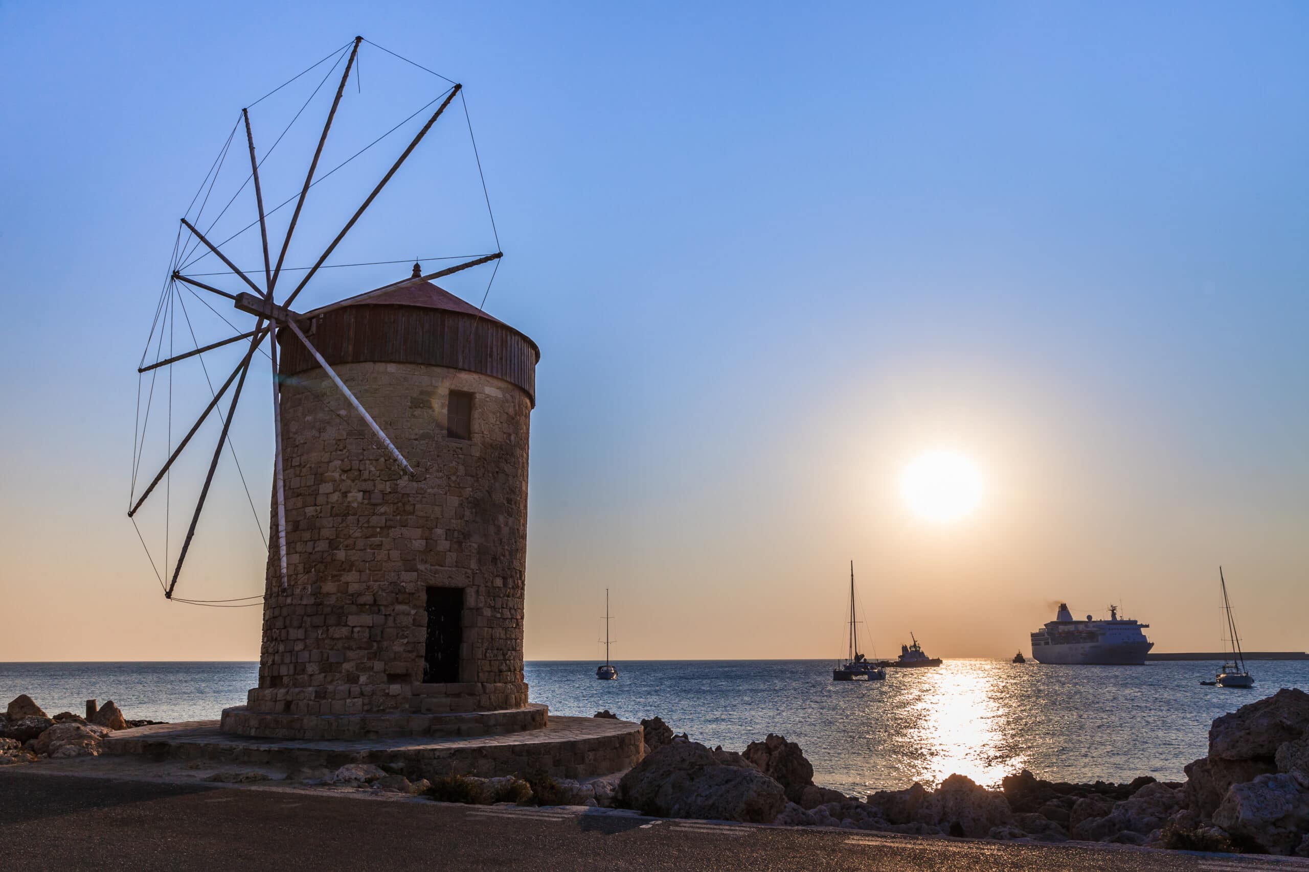 Mandraki Harbour windmill on the Island of Rhodes Greece