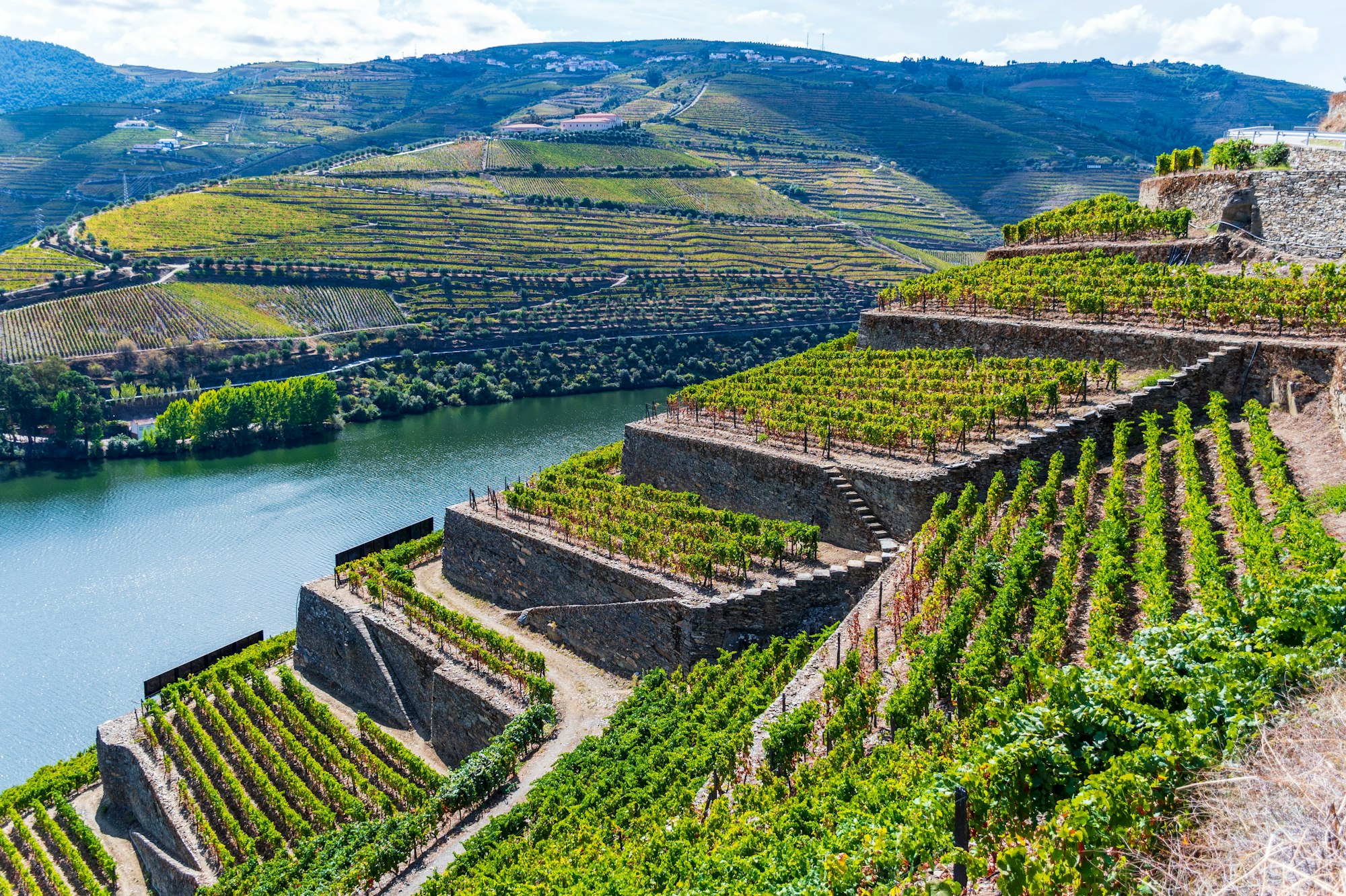 Scenic aerial view of Douro River surrounded by mountains on a sunny day